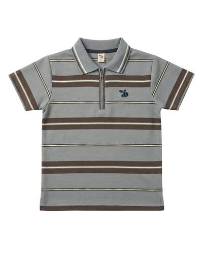 [KID-POLO-001] Boys Polo Shirt - Grey/Brown Stripe (Zip Neck)