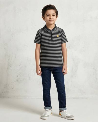[KID-POLO-003] Boys Polo Shirt - Charcoal/Grey Stripe (Zip Neck)