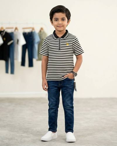 [KID-POLO-004] Boys Polo Shirt - Black/Cream Stripe (Zip Neck)