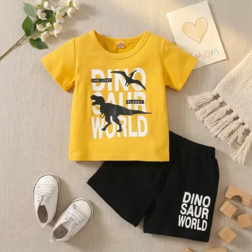 Boys' "Dino World" Summer Adventure Set – Yellow & Black (2-3 Years)