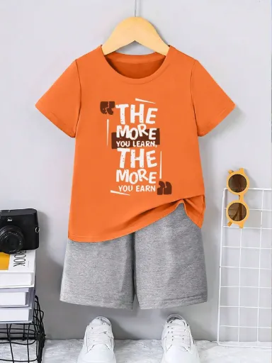 Boys' "Learn & Grow" Summer Set – Burnt Orange & Slate Grey