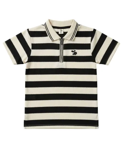 Boys' Urban Stripe Zip-Polo – Classic Black & Cream